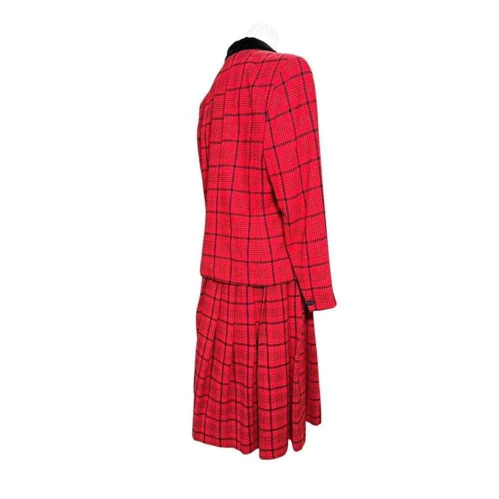 Vintage Pendleton Blazer Skirt Suit Set Women's 12 Red Plaid Tartan Wool USA 70s